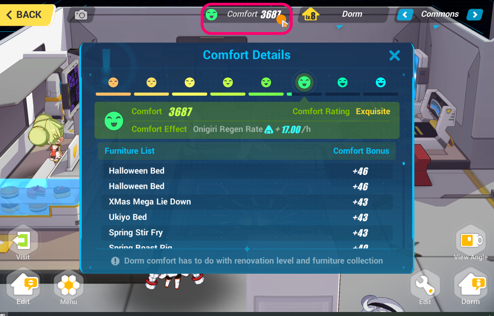 What the comfort list looks like in game.
